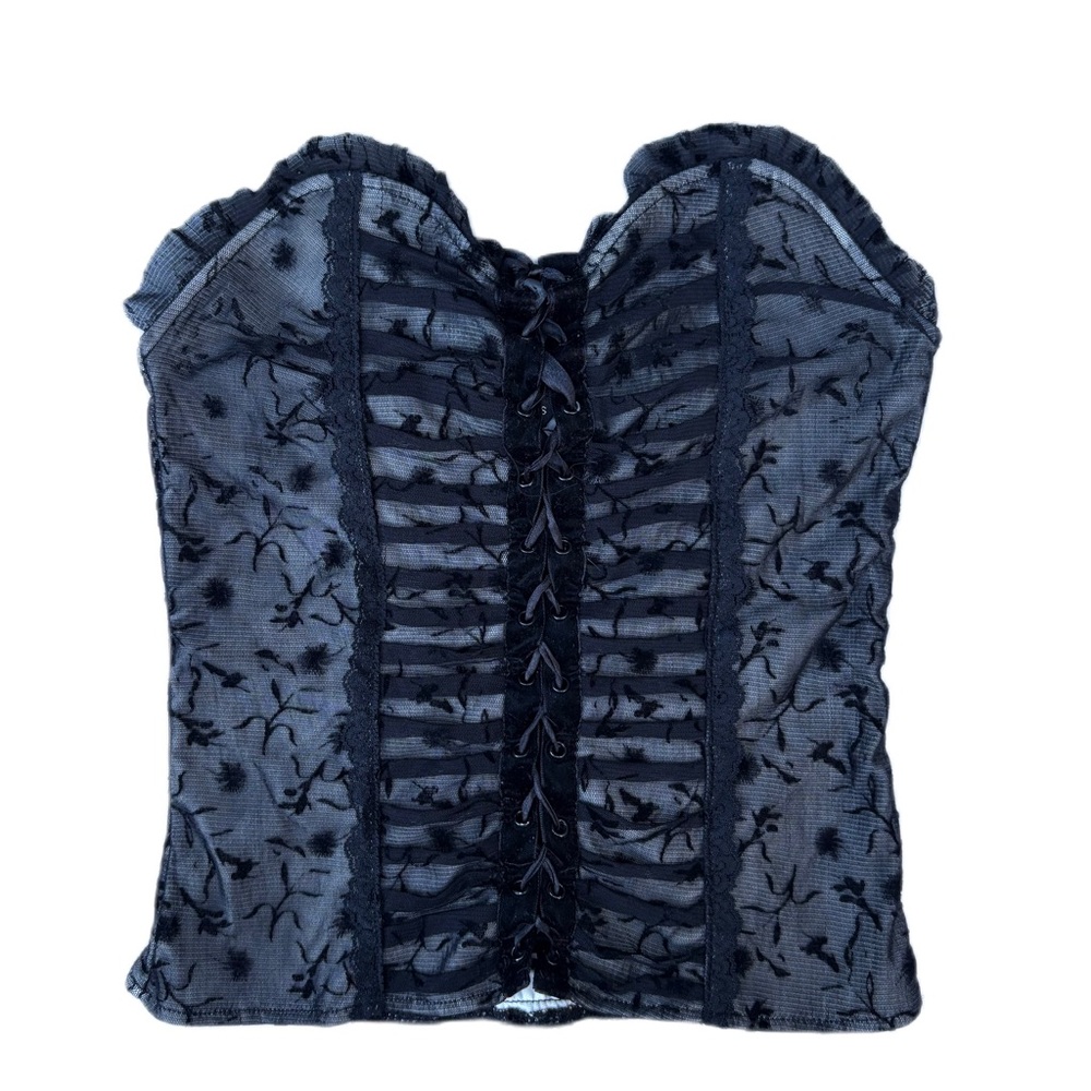 Rare Vintage Guess Jeans Black Strapless Corset Lace Floral Mesh Top